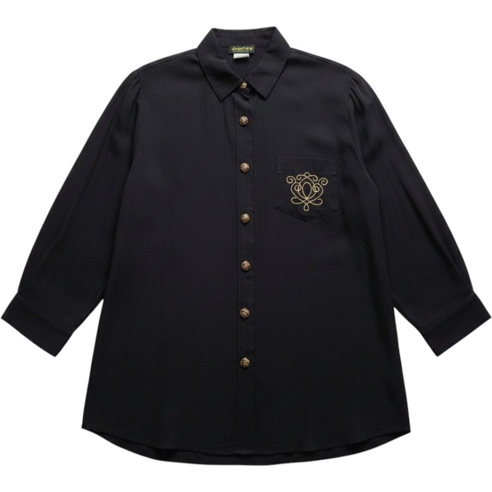 Stuart Alan Vintage Black Button Down Blouse Gold Crest Embroidery Size 16 USA
